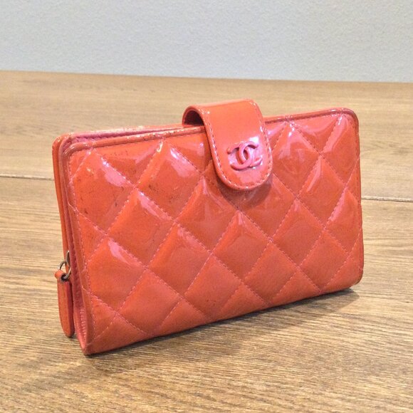 CHANEL Handbags - Chanel  Patent Quilted Zip Pocket Wallet Coral